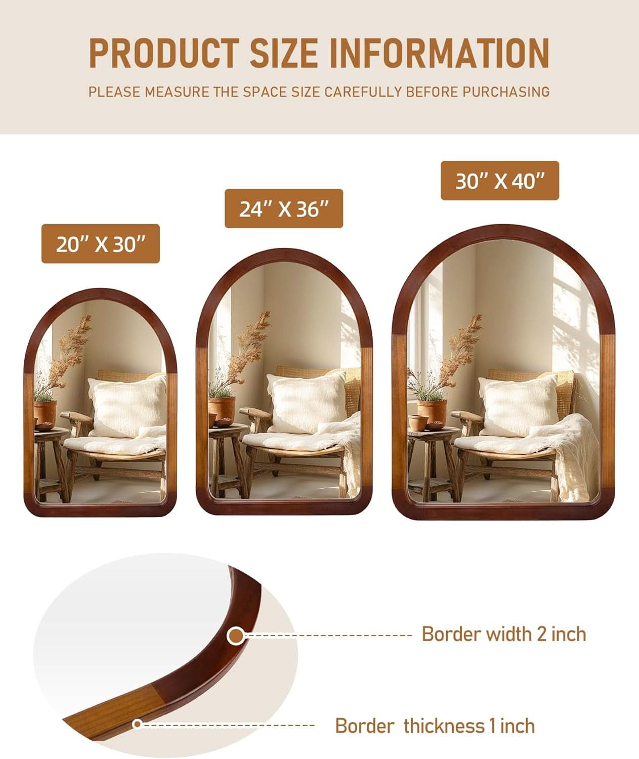 Arched Mirror 24x36 Walnut Brown Wood Frame Wall Mounted