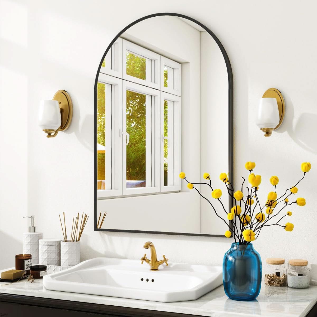 Arched Wall Mirror 24x36 Black Frame Wall Mounted Vanity