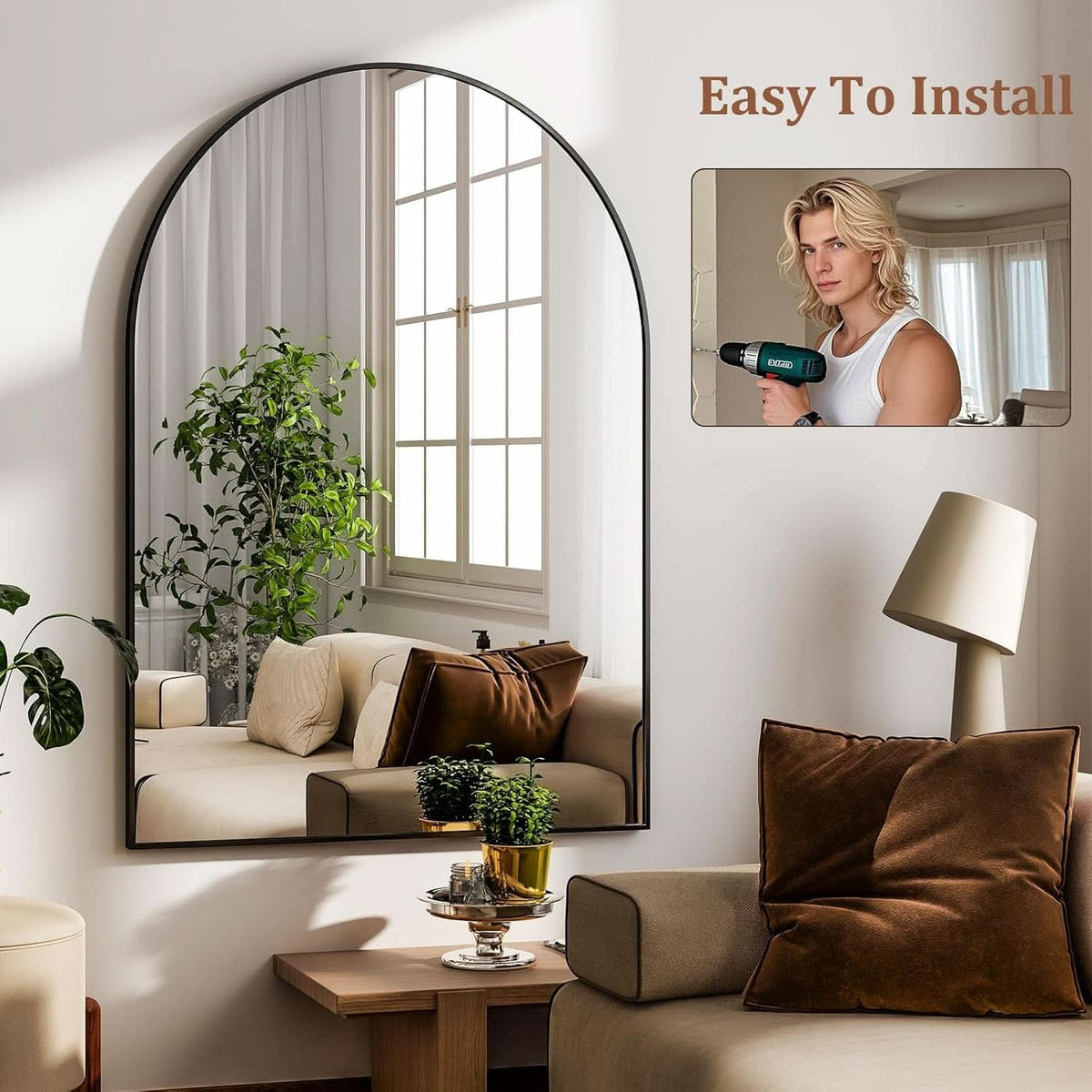 Arched Wall Mirror Black Metal Frame 24 By 36 Inches