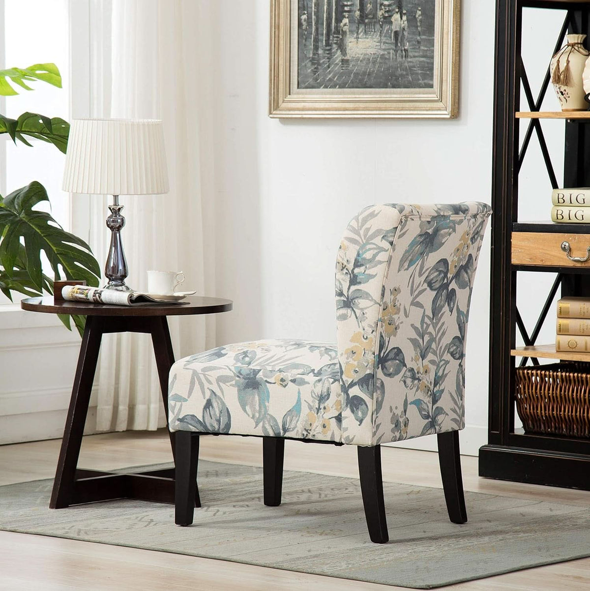 Armless Contemporary Chair With Blue Leaves Upholstery