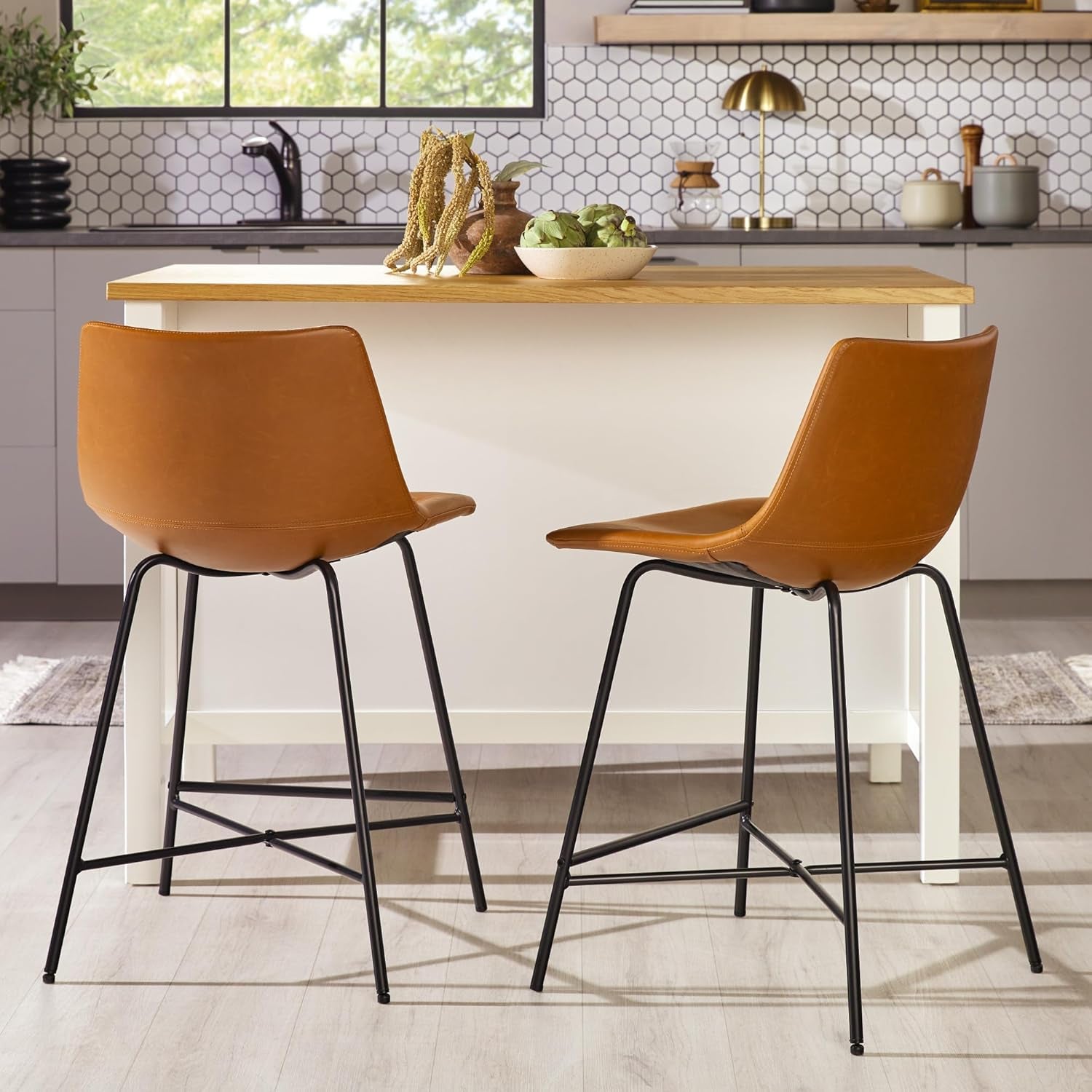 Armless Counter Stools Set Of 2 Whiskey Brown Faux Leather