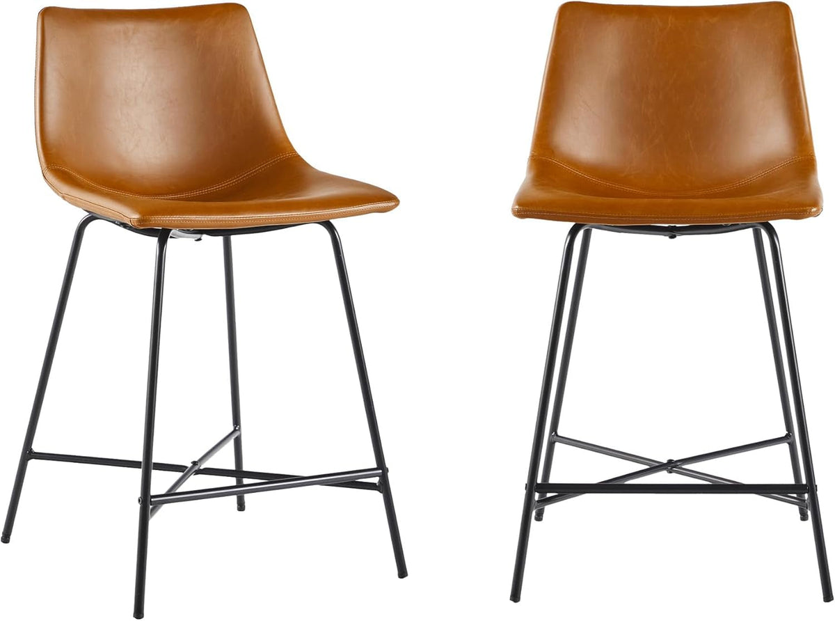 Armless Counter Stools Set Of 2 Whiskey Brown Faux Leather