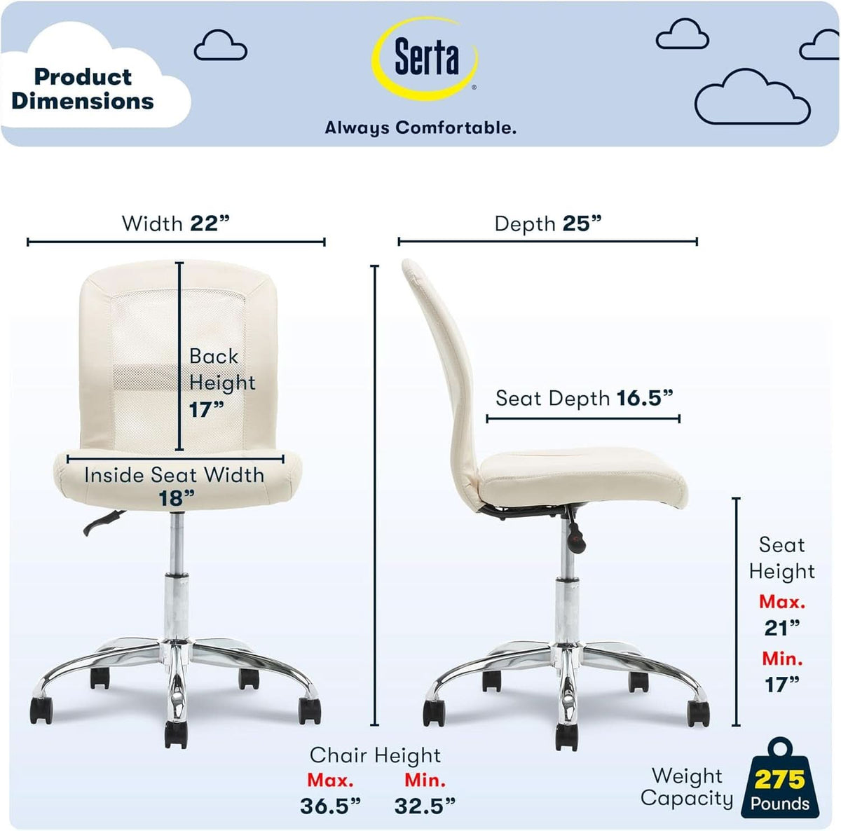 Armless Desk Chair With Mesh Back And Wheels Cream White