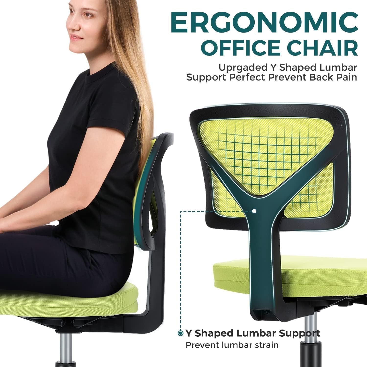 Armless Desk Chair With Wheels Ergonomic Green Mesh Back