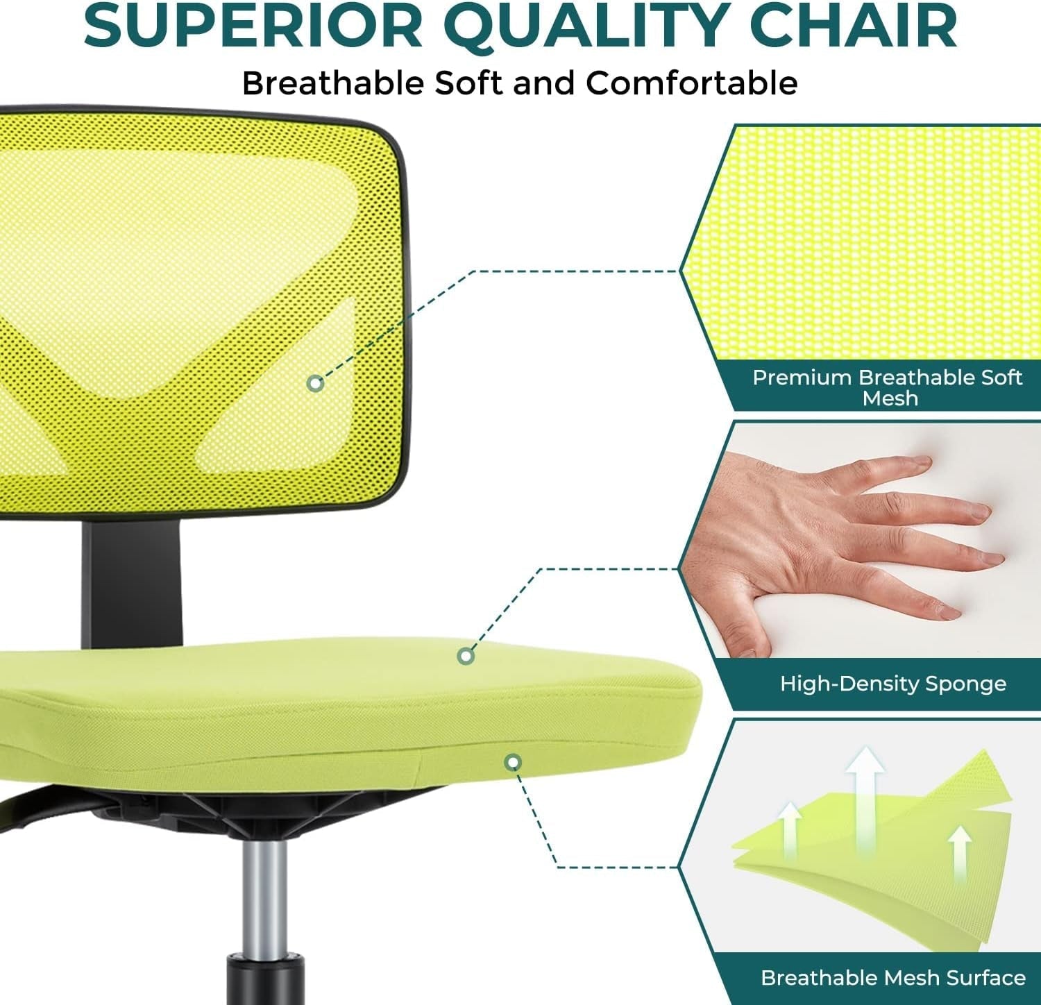 Armless Desk Chair With Wheels Ergonomic Green Mesh Back