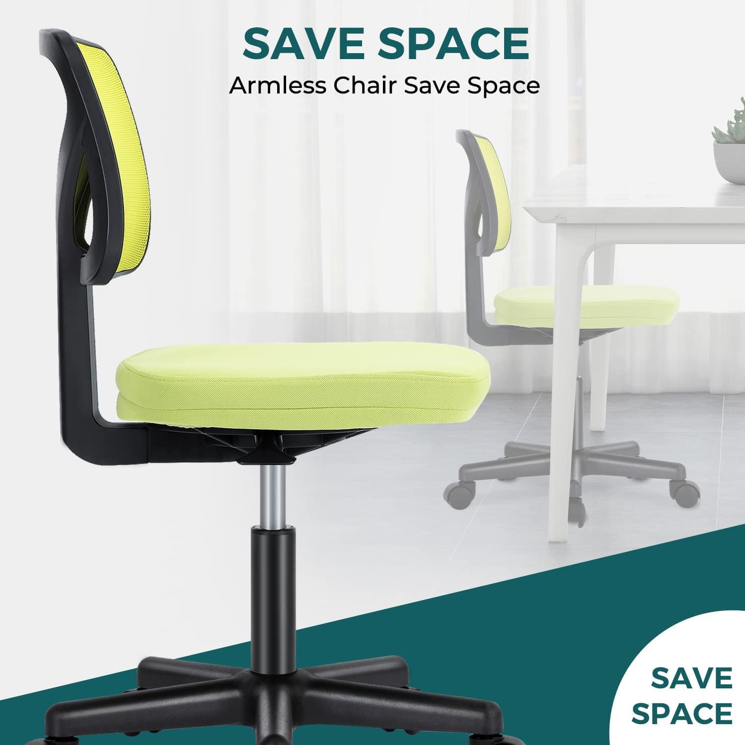 Armless Desk Chair With Wheels Ergonomic Green Mesh Back