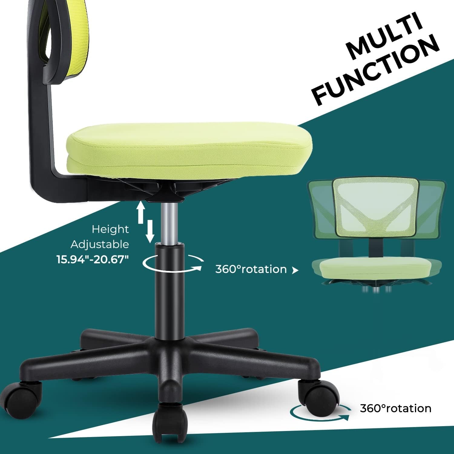 Armless Desk Chair With Wheels Ergonomic Green Mesh Back