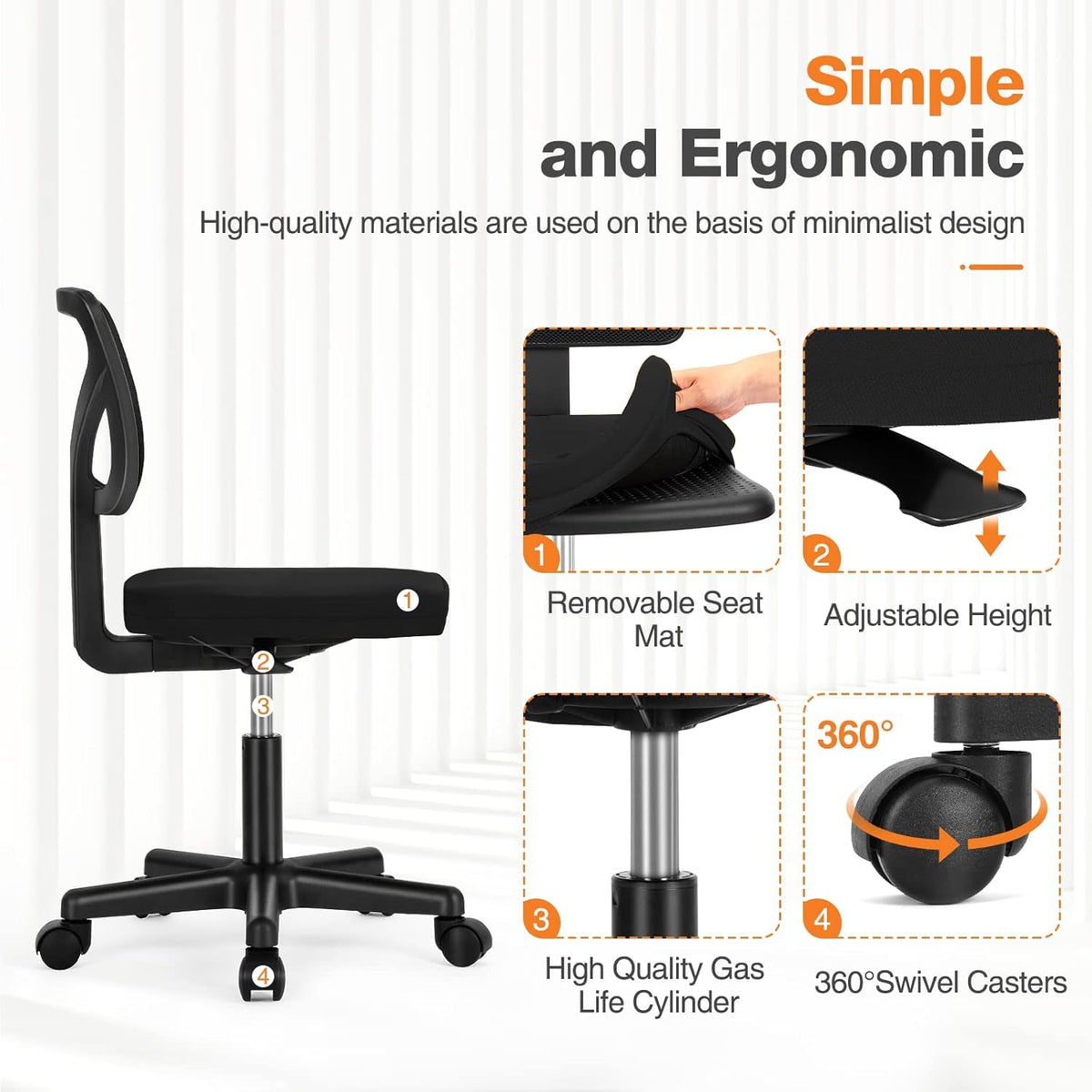 Armless Ergonomic Desk Chairs With Mesh Back And Wheels