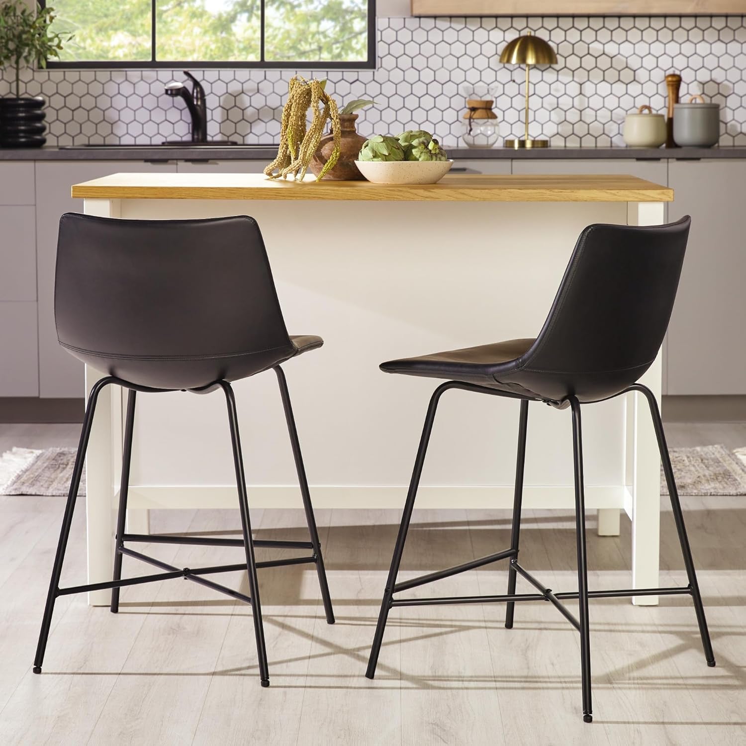 Armless Faux Leather Counter Stools Pair Black Steel Base