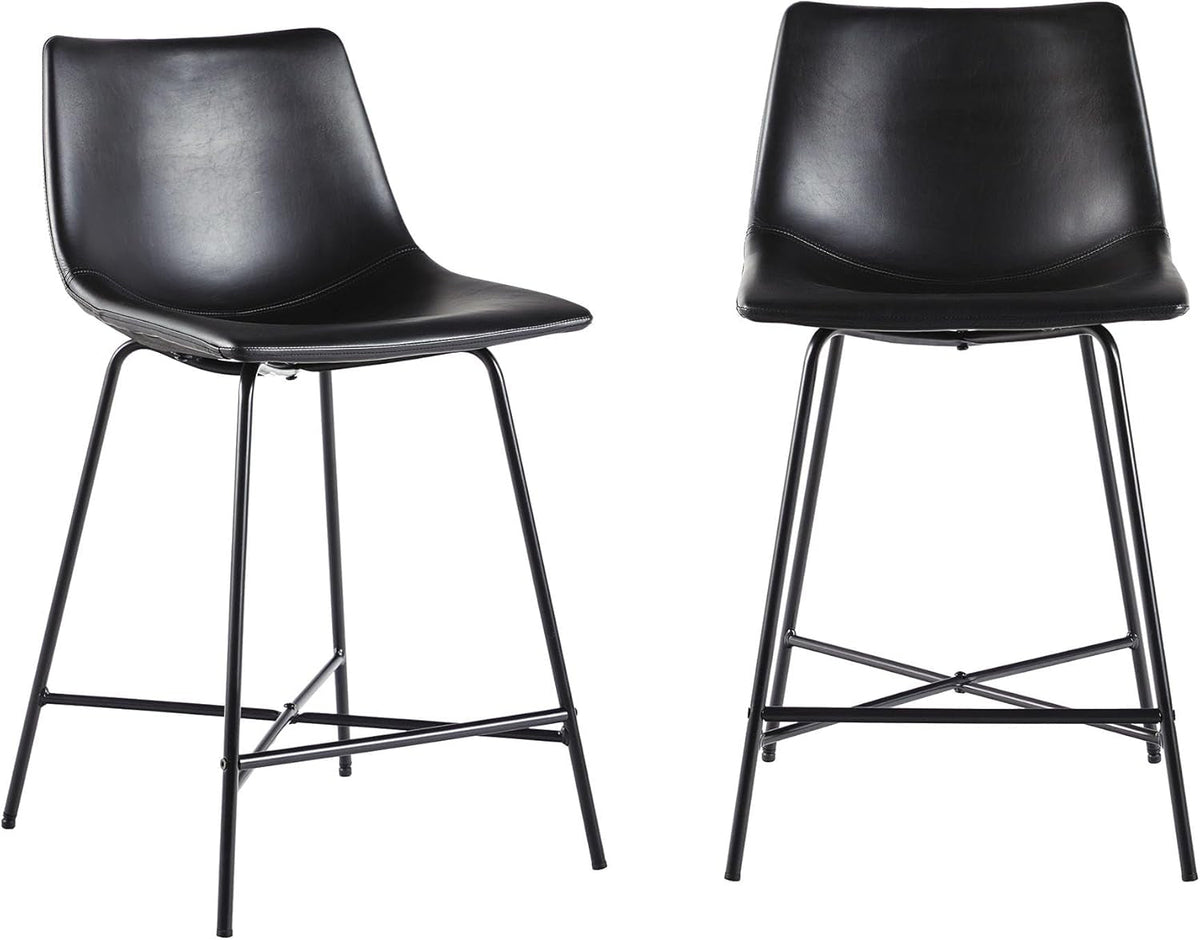 Armless Faux Leather Counter Stools Pair Black Steel Base