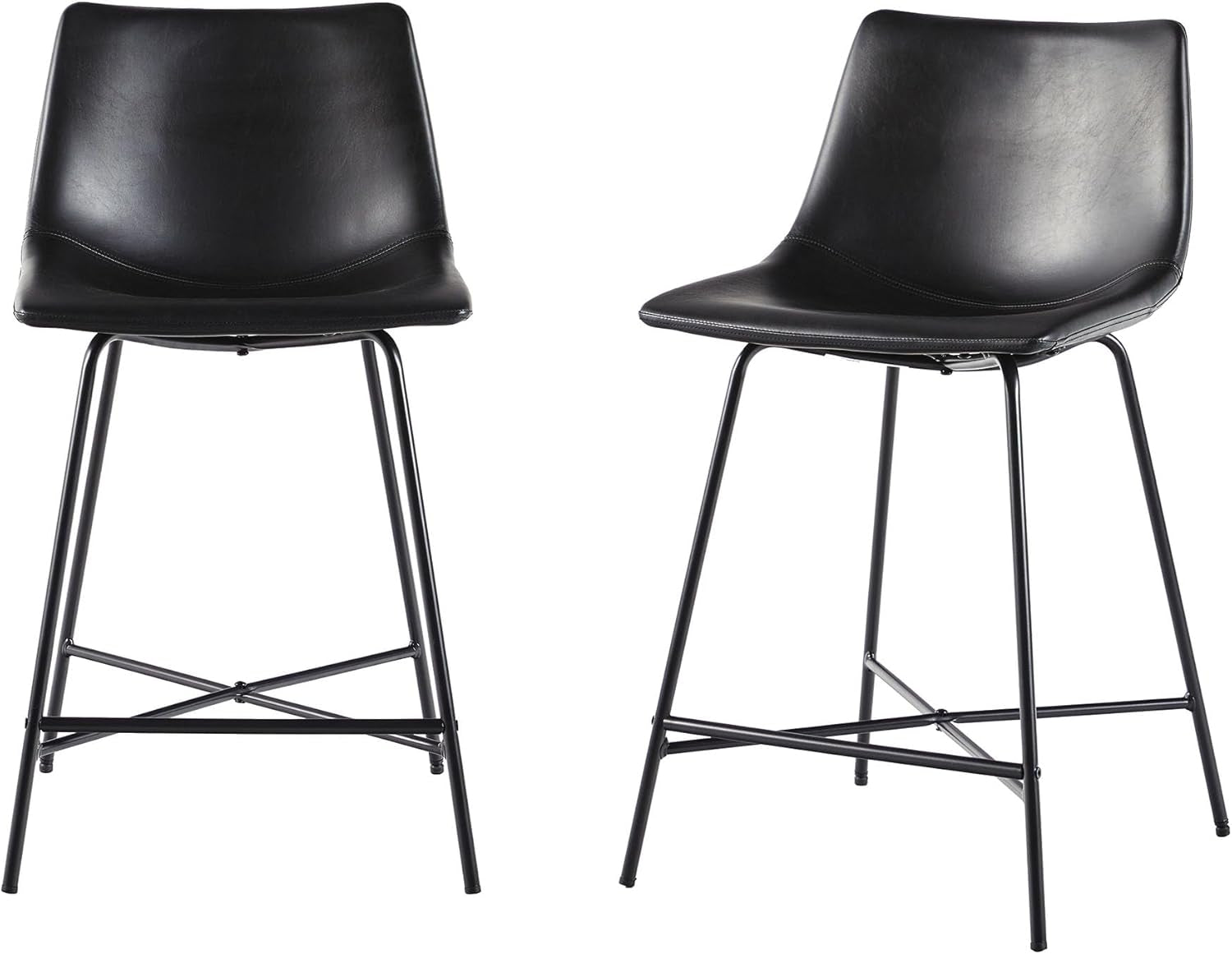 Armless Faux Leather Counter Stools Pair Black Steel Base