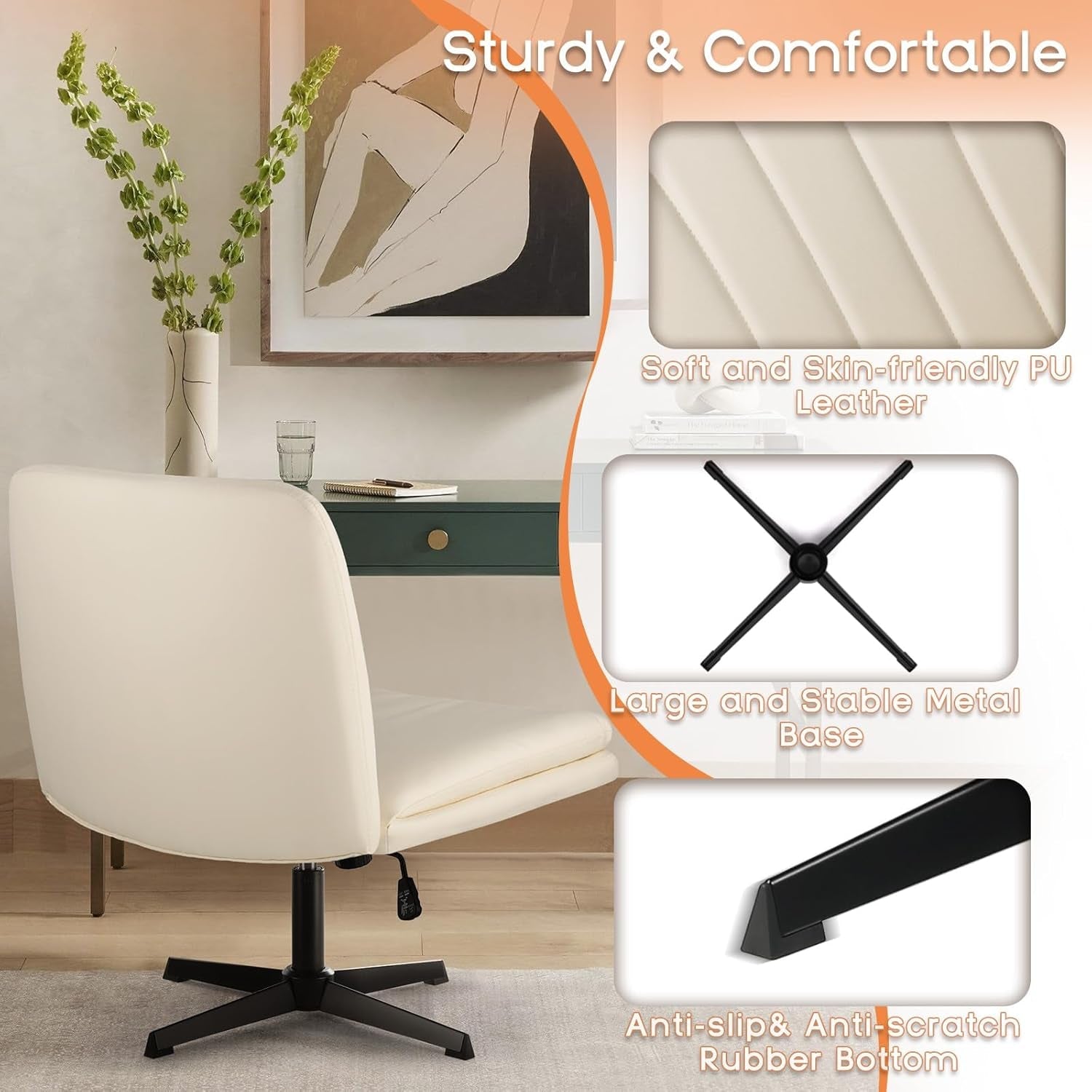Armless Office Chair Height Adjustable PU Leather Mid Back