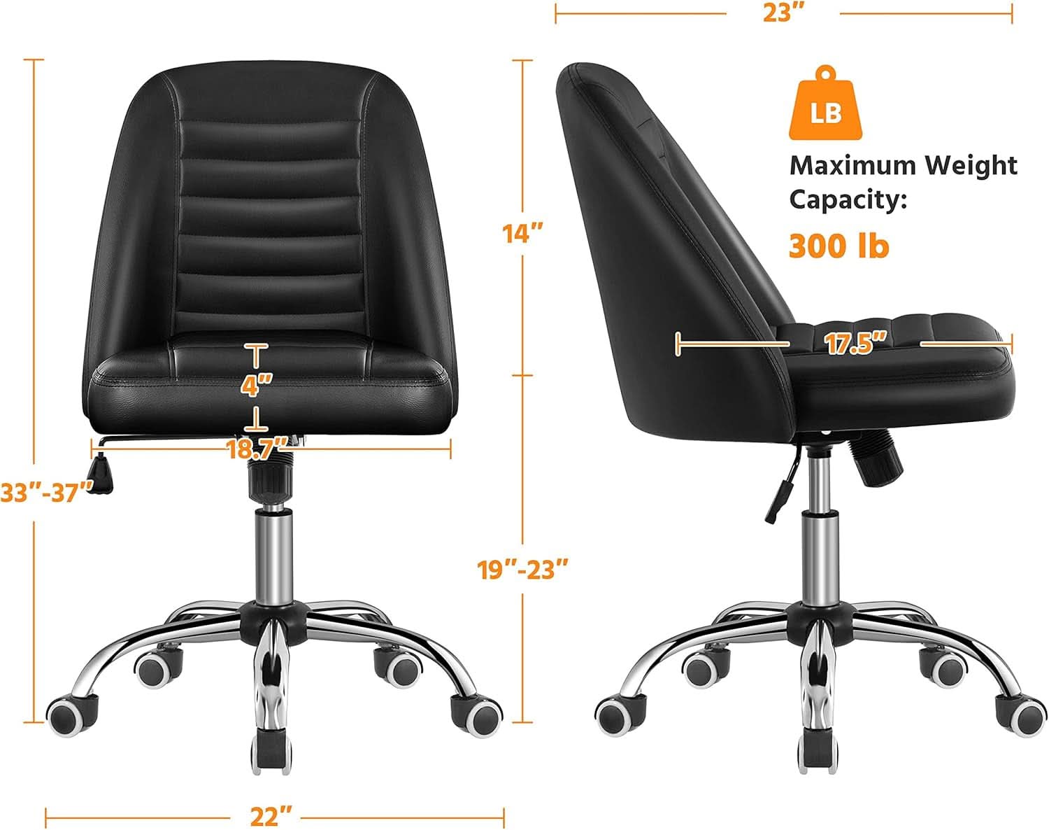 Armless PU Leather Office Chair Adjustable Height Black