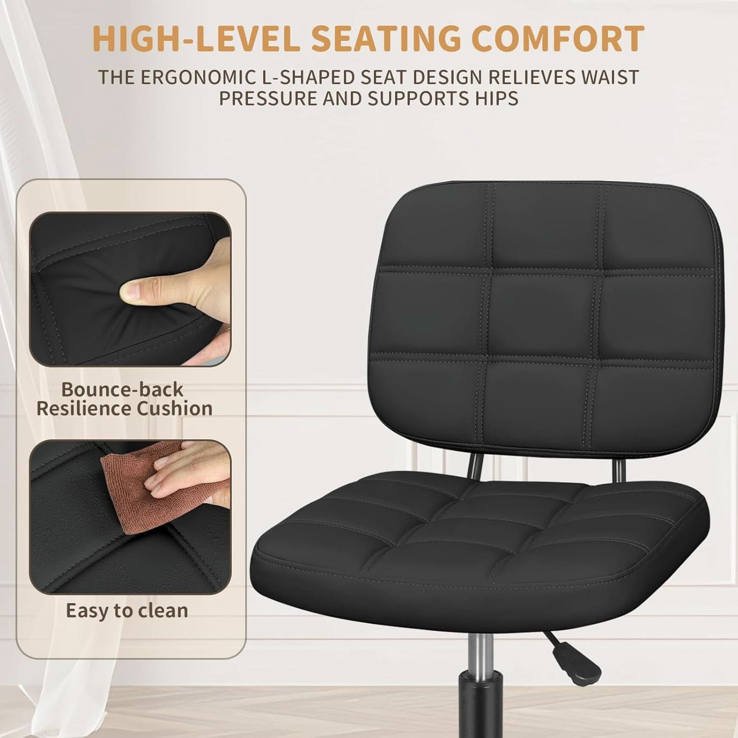 Armless Rolling Desk Chair Black Height Adjustable