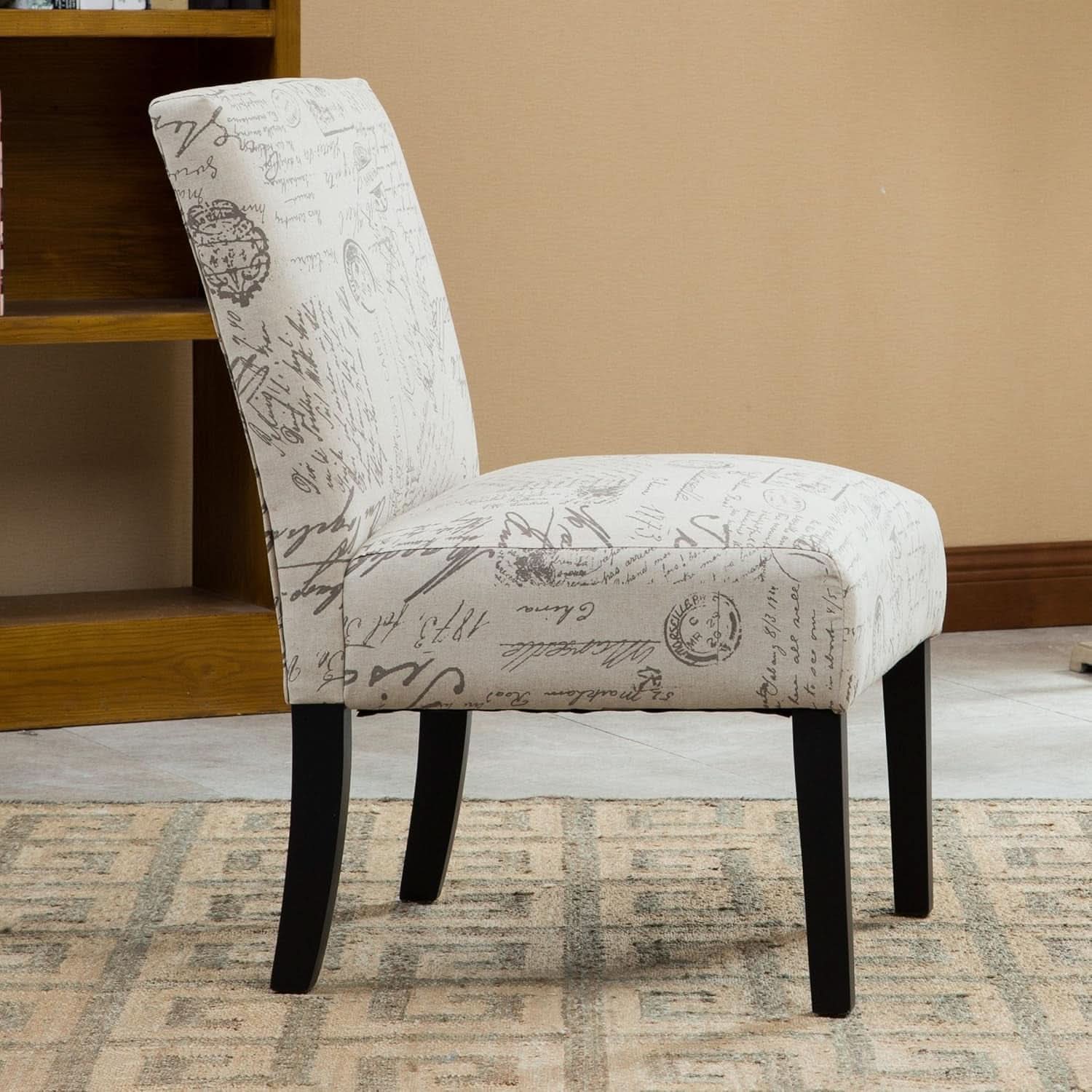 Armless Script Print Upholstered Accent Chair Espresso