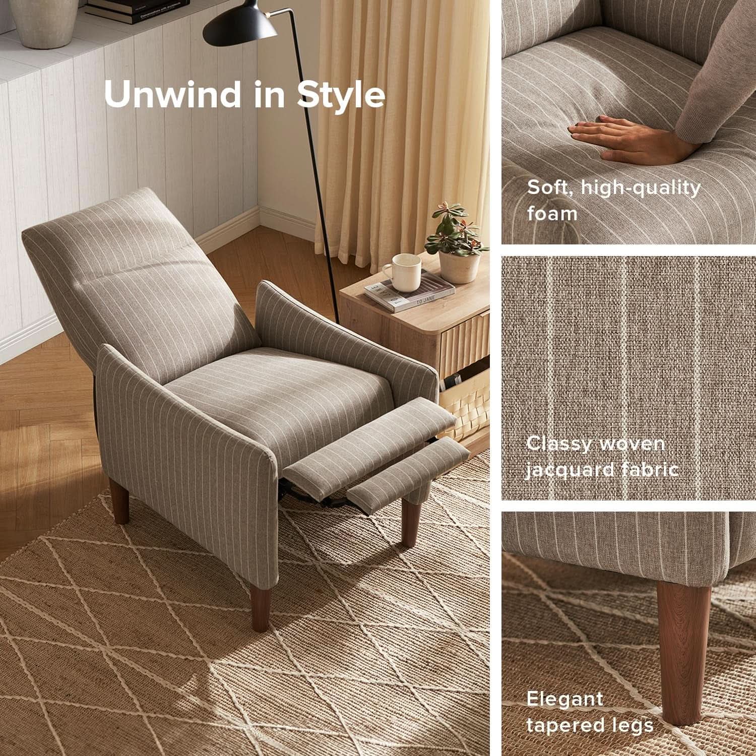 Arthur Mid Century Recliner Chair With 3 Positions Taupe Stripe Jacquard
