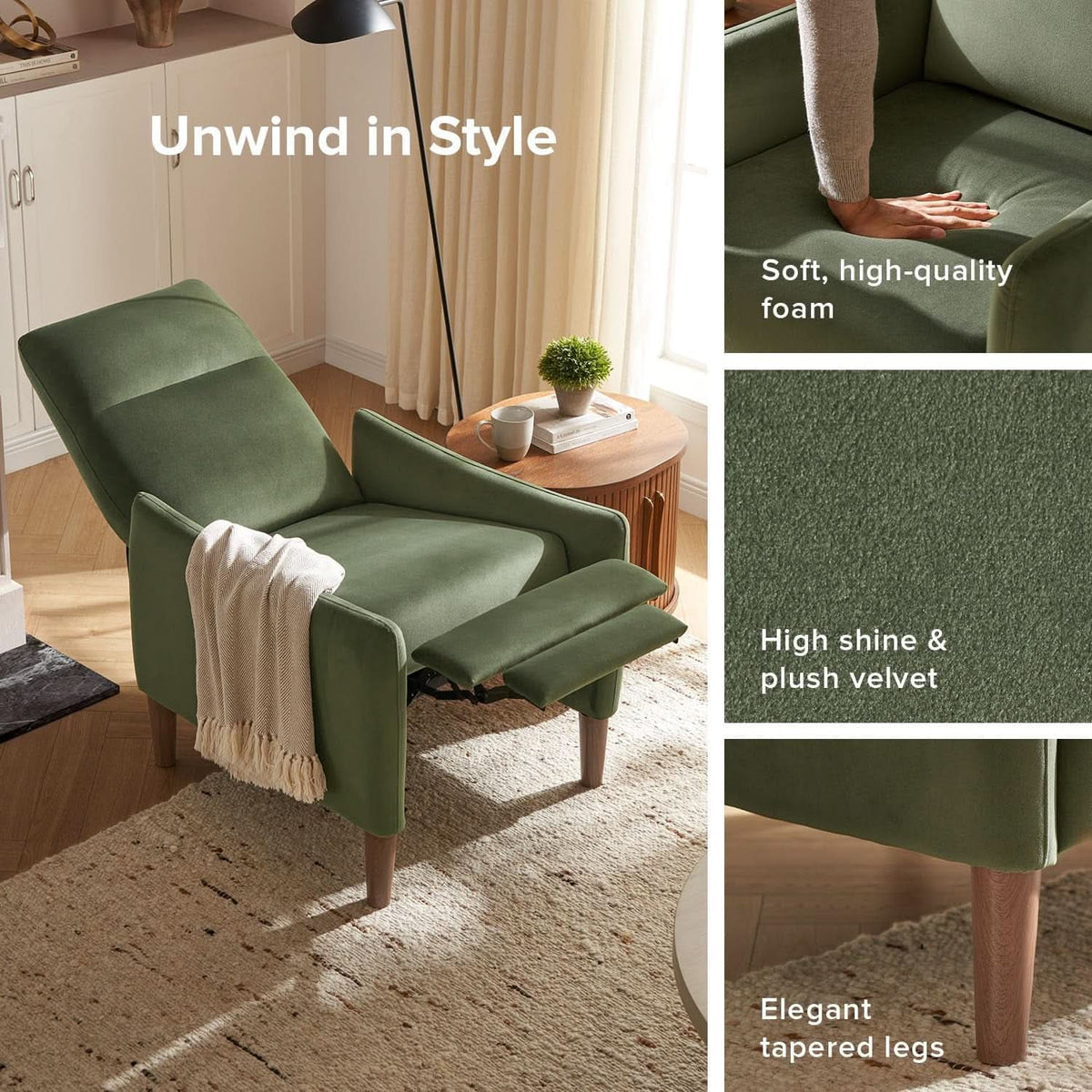 Arthur Olive Green Velvet Recliner Chair With 3 Positions