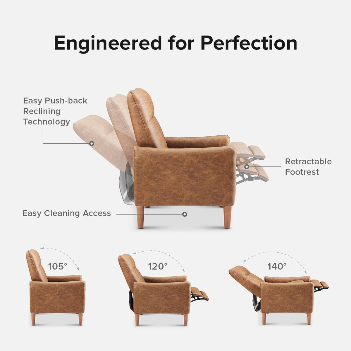 Arthur Recliner Chair Pecan Brown 3 Position Mid Century