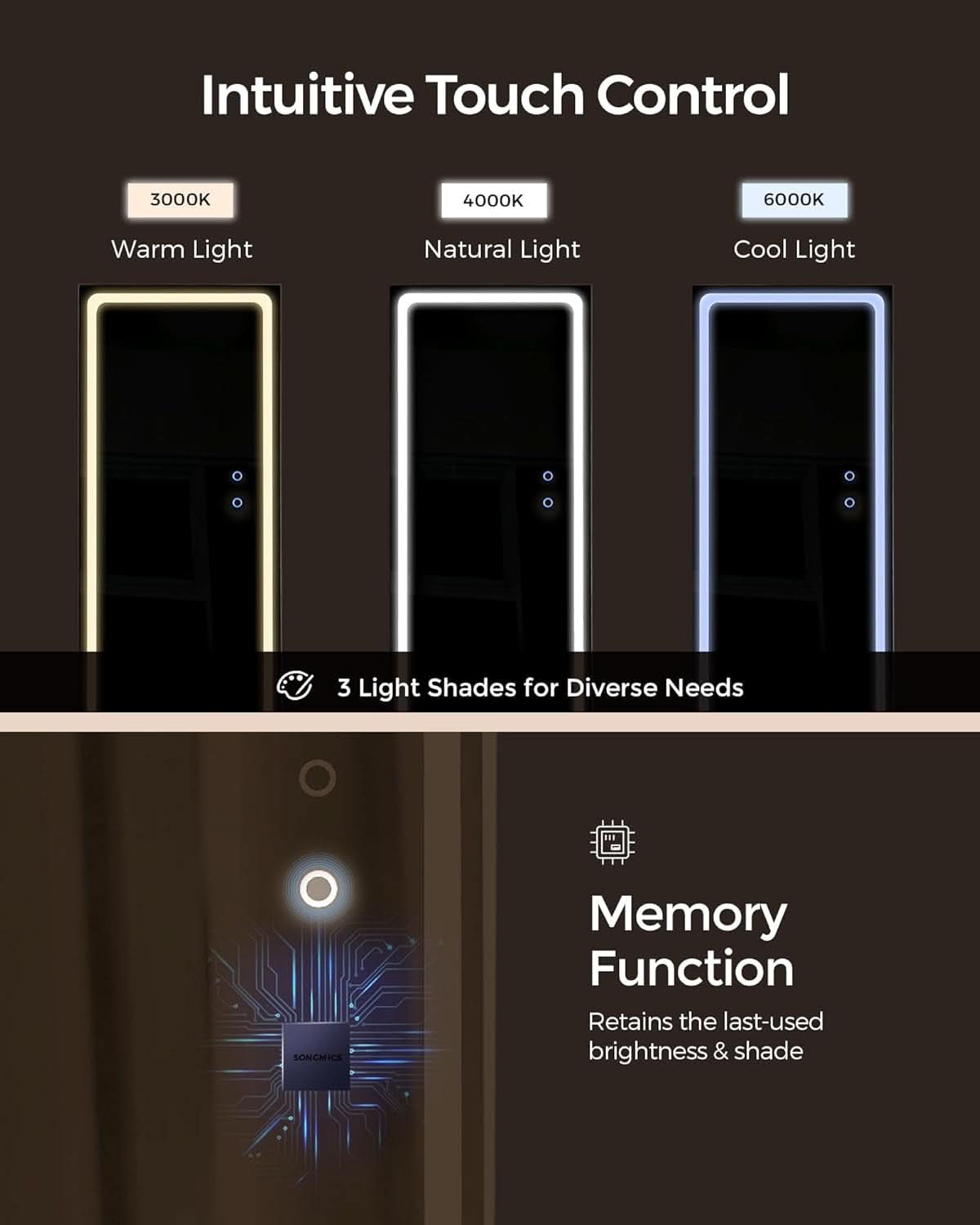 Ash Brown Lockable LED Full Length Mirror Jewelry Cabinet