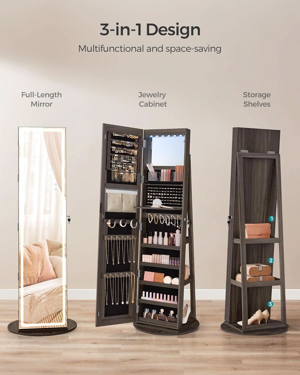 Ash Brown Lockable LED Full Length Mirror Jewelry Cabinet