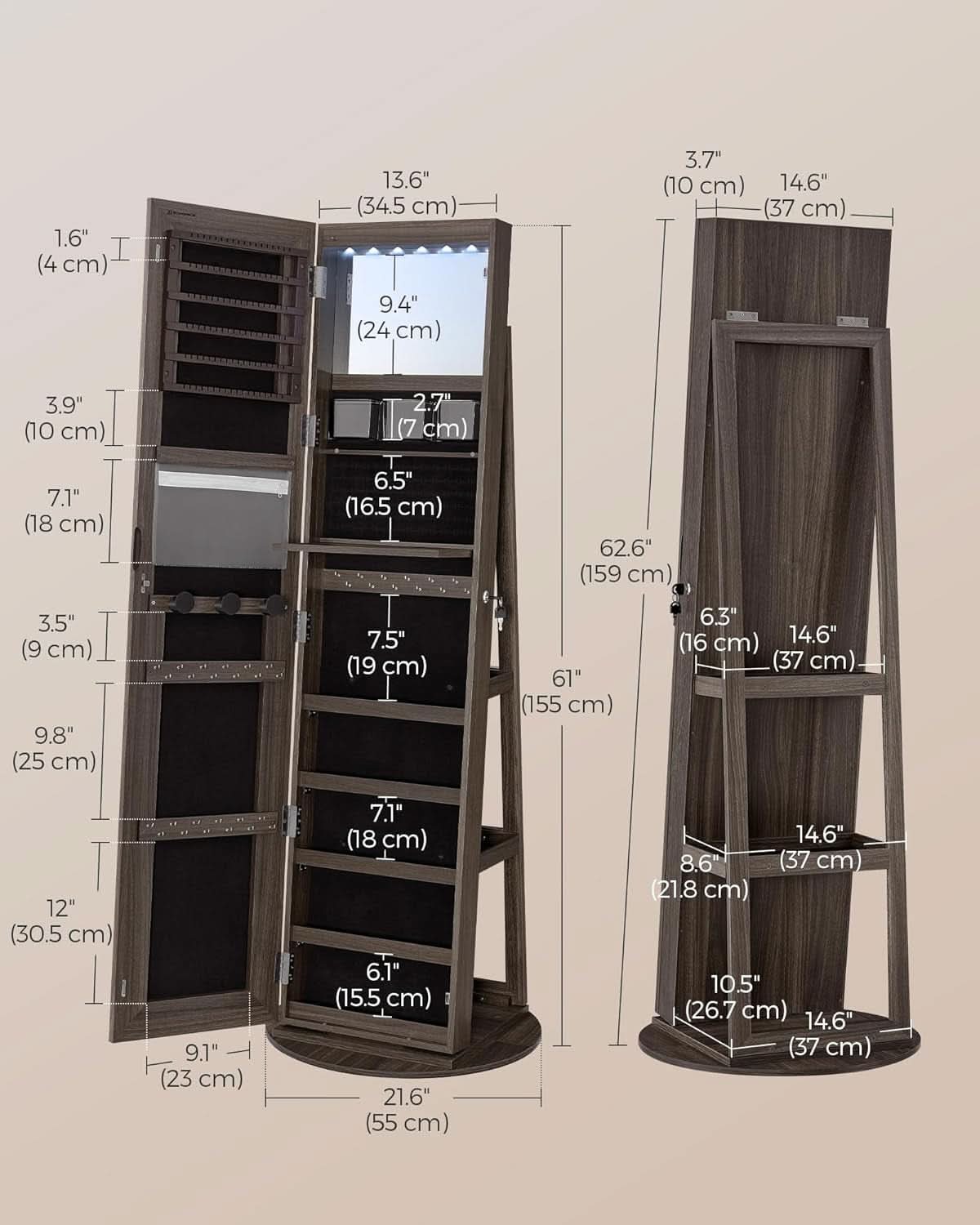 Ash Brown Lockable LED Full Length Mirror Jewelry Cabinet