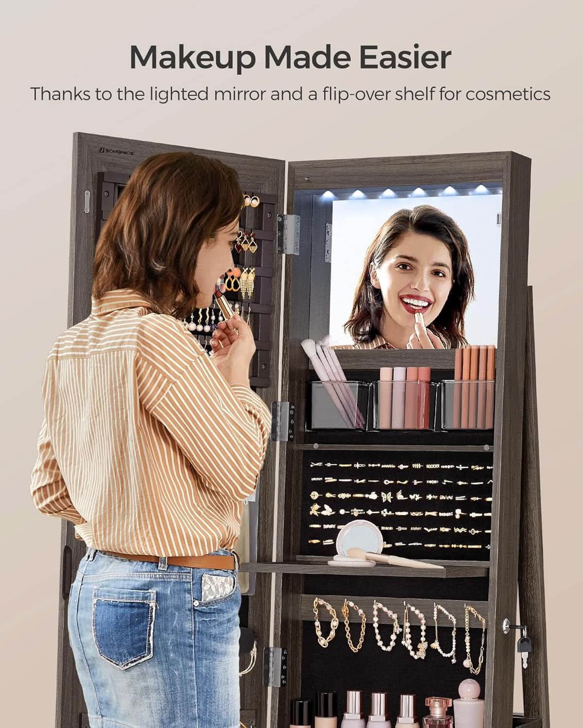 Ash Brown Lockable LED Full Length Mirror Jewelry Cabinet