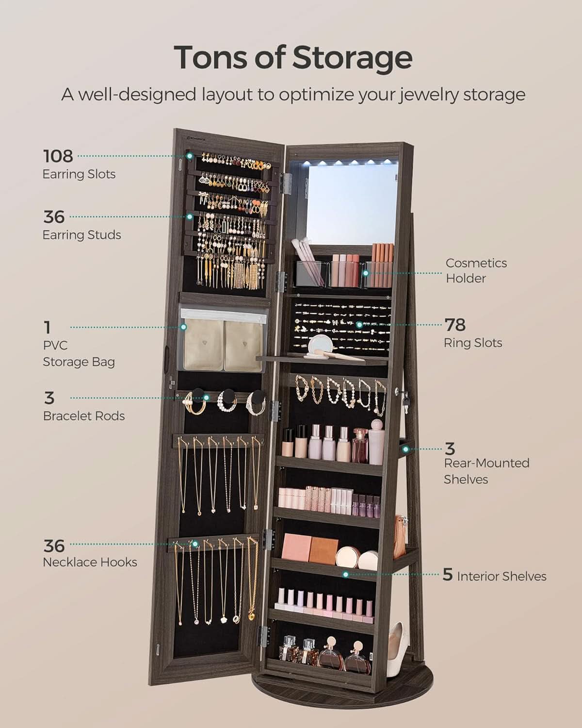 Ash Brown Lockable LED Full Length Mirror Jewelry Cabinet