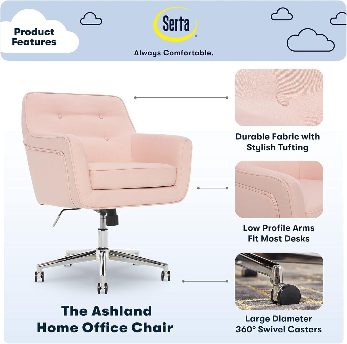 Ashland Blush Pink Office Desk Chair With Memory Foam Cushion