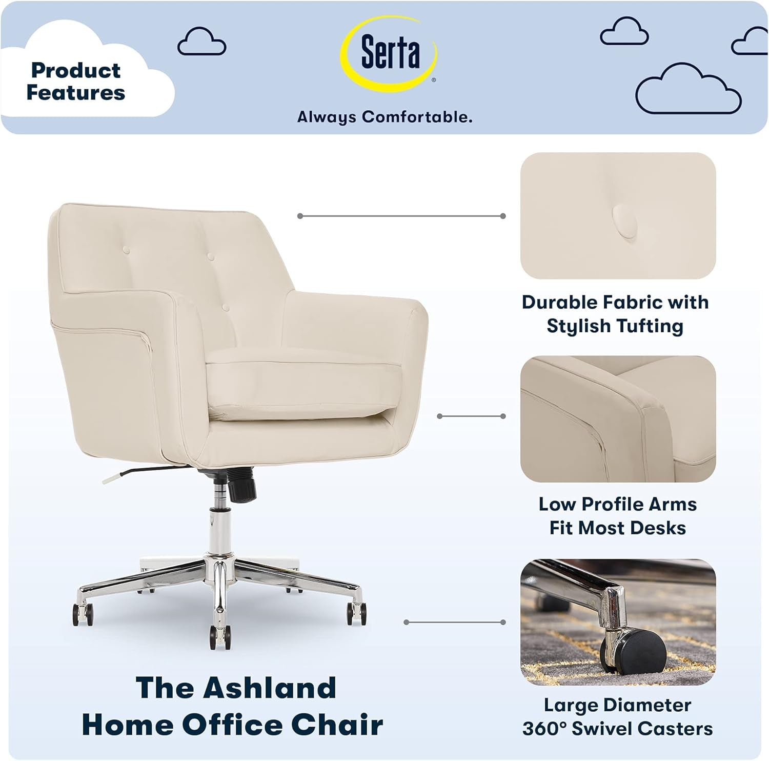 Ashland Cream Memory Foam Desk Chair With Chrome Wheels