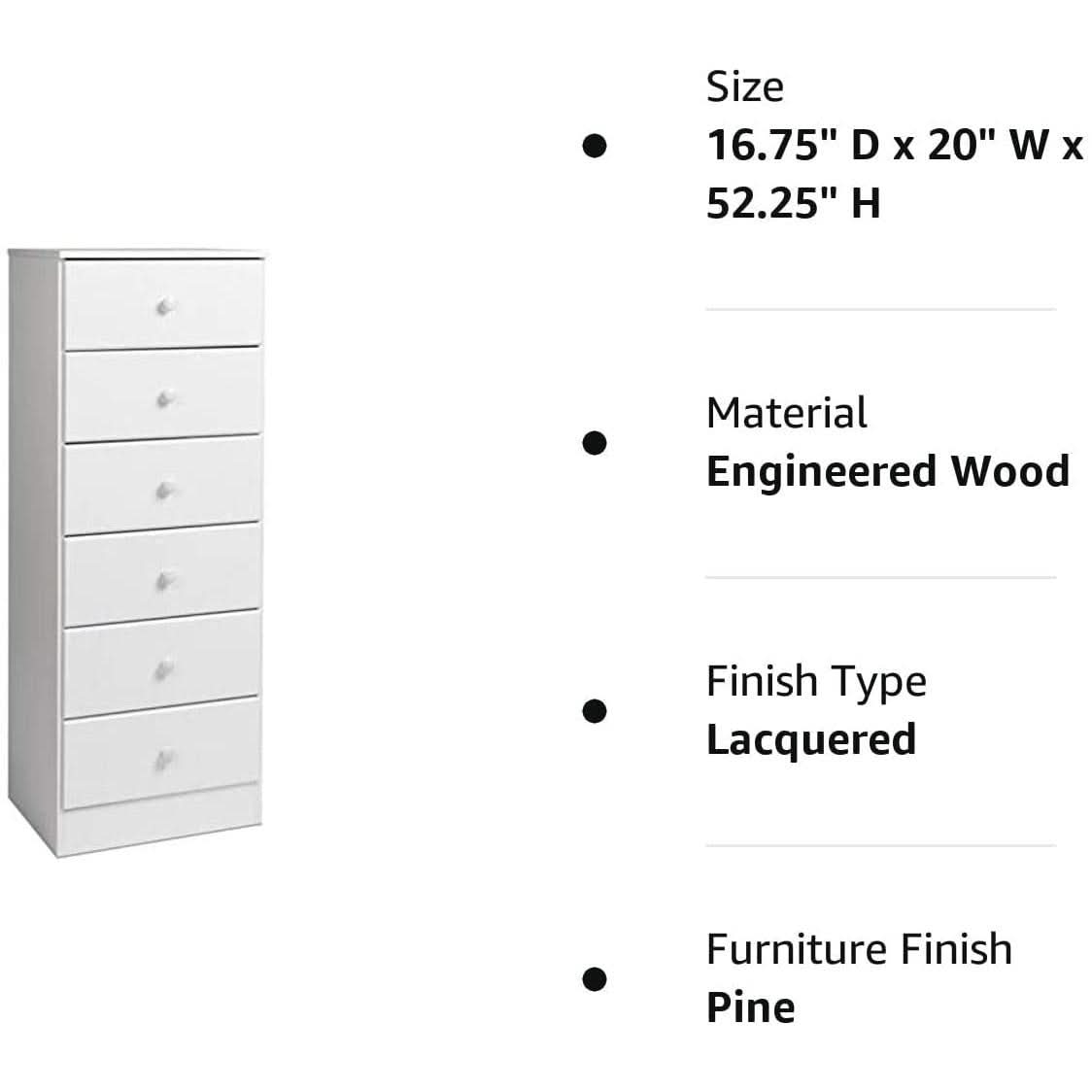 Astrid 6 Drawer Tall Chest in White Laminate for Bedroom Storage