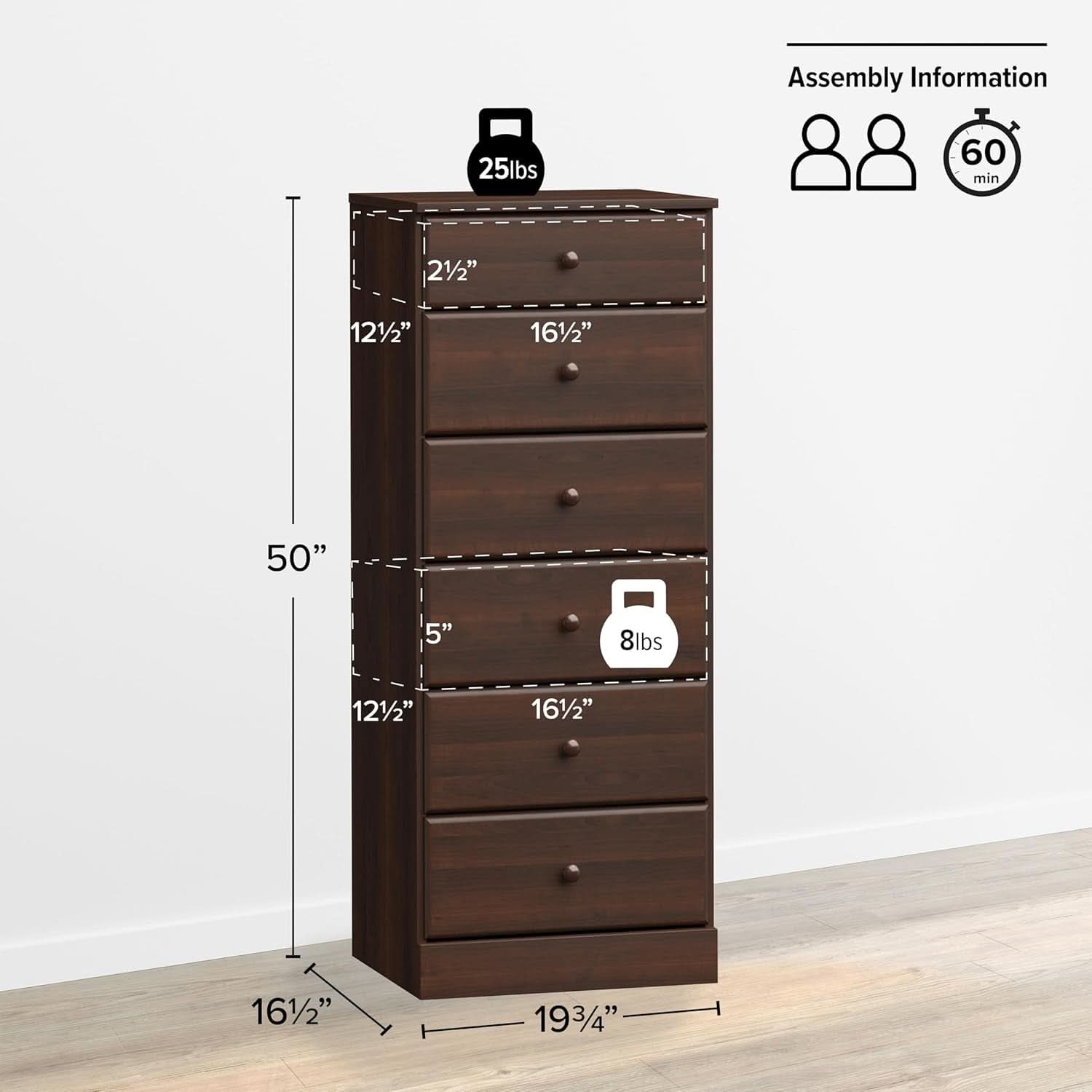 Astrid Tall Brown Dresser Six Drawer Chest For Bedroom