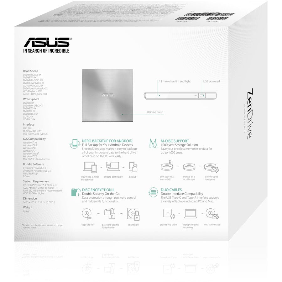 Asus Zendrive Sdrw-08U9M-U Dvd-Writer - External - Silver