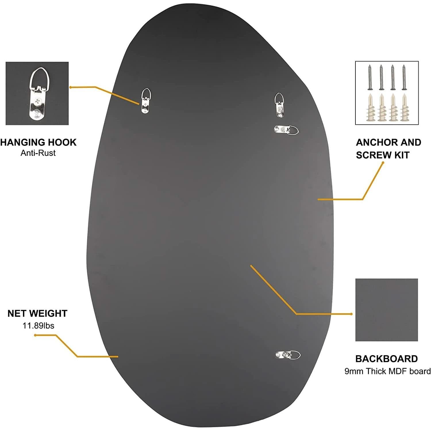 Asymmetrical Frameless Wall Mirror For Living Room 19.5 x 33.5 Inches