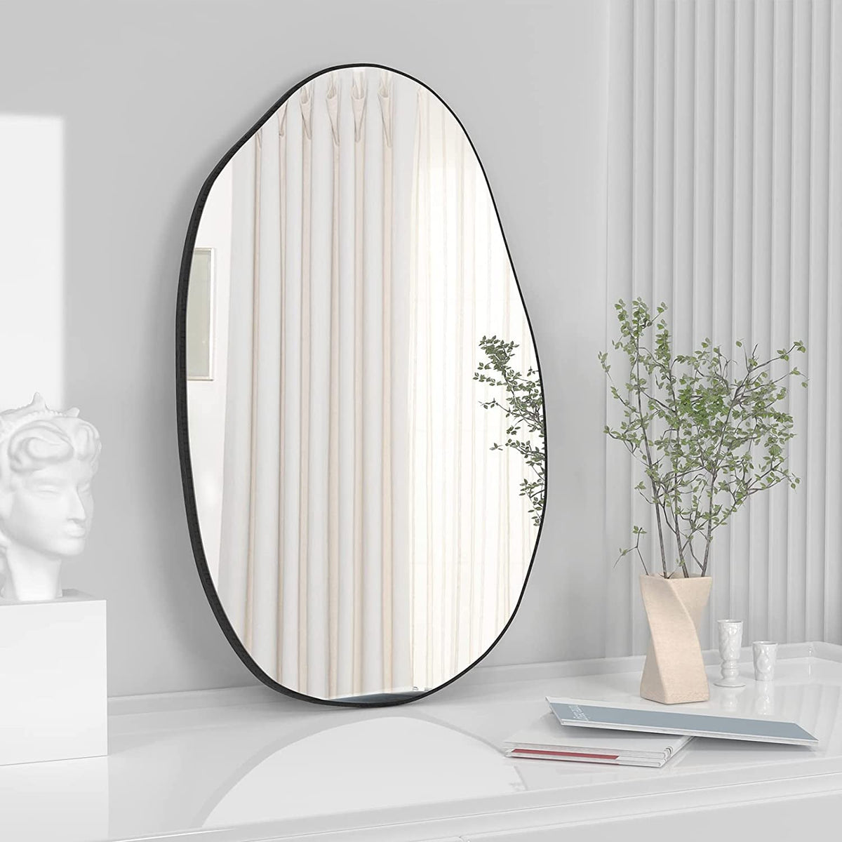 Asymmetrical Wood Framed Wall Mirror Large Living Room Decor