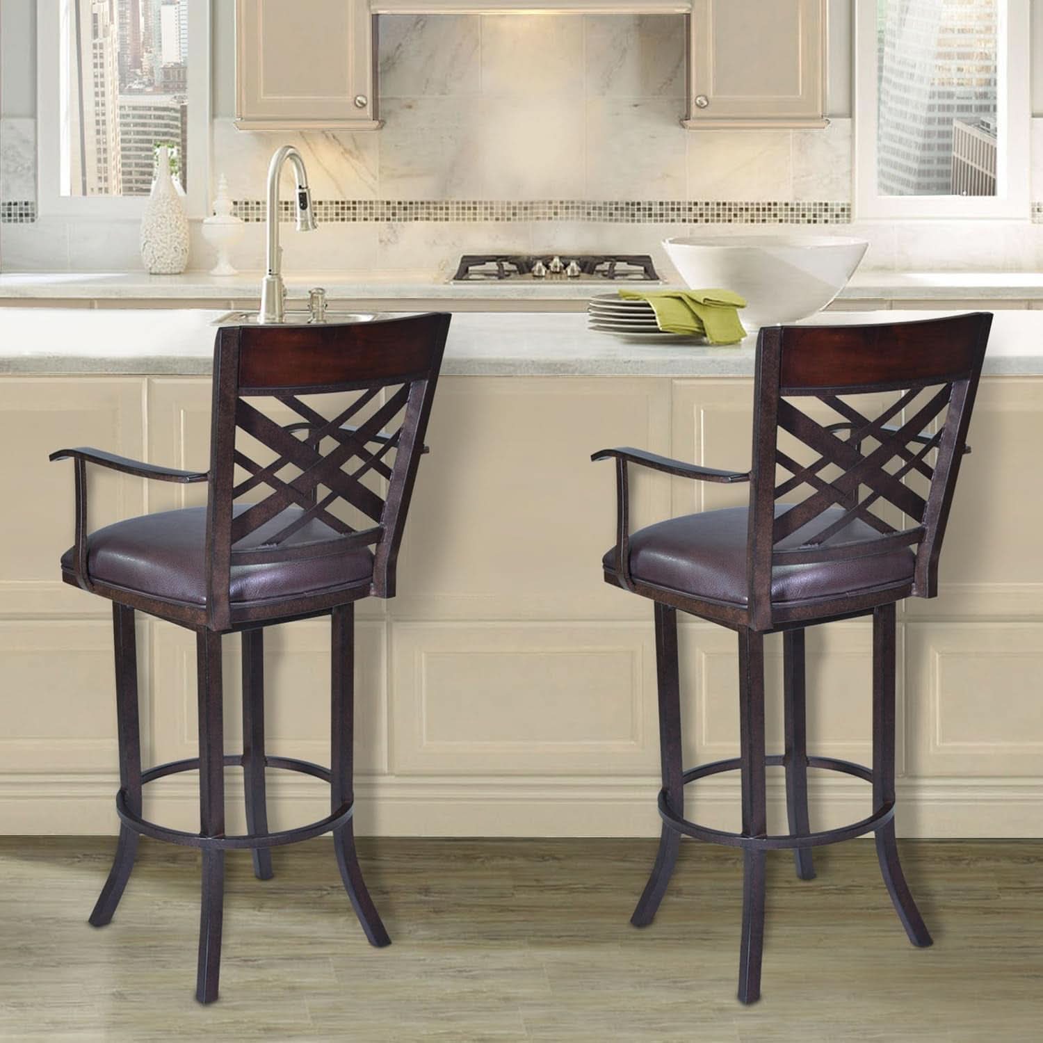 Auburn Bay Swivel Arm Barstool with Brown Upholstery