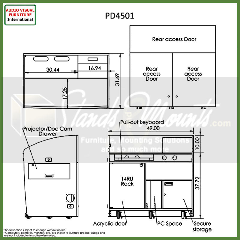 Audio Visual Furniture Large Podium with Rack (14RU, Various) PD4501