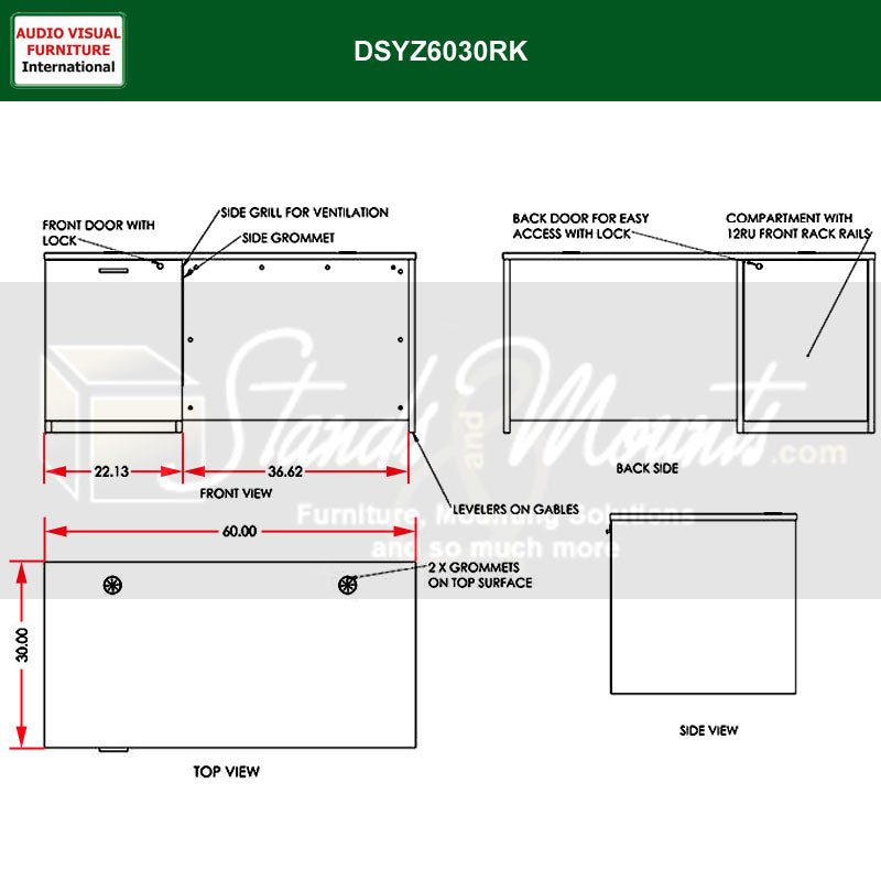 Audio Visual Furniture Multi-Functional Desk (12RU, Left) DSYZ6030RK-L