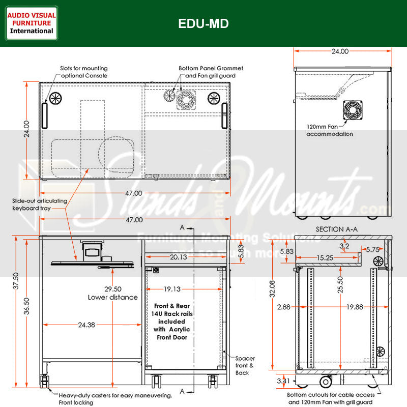 Audio Visual Furniture Teaching Multimedia Desk (14RU, Various) EDU-MD