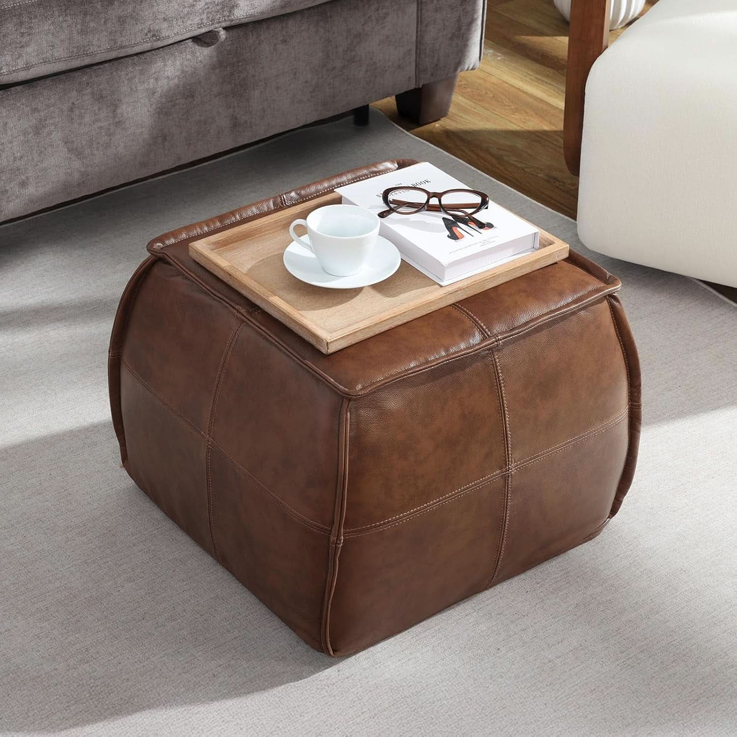 Authentic Brown Leather Ottoman Square Memory Foam