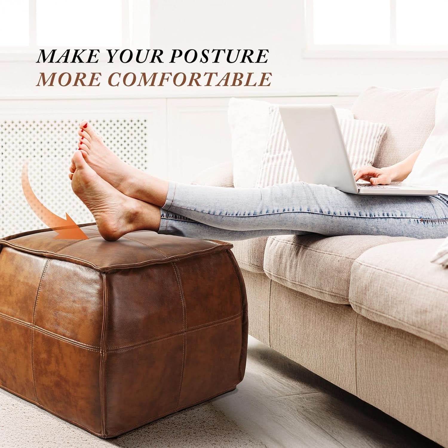 Authentic Brown Leather Ottoman Square Memory Foam