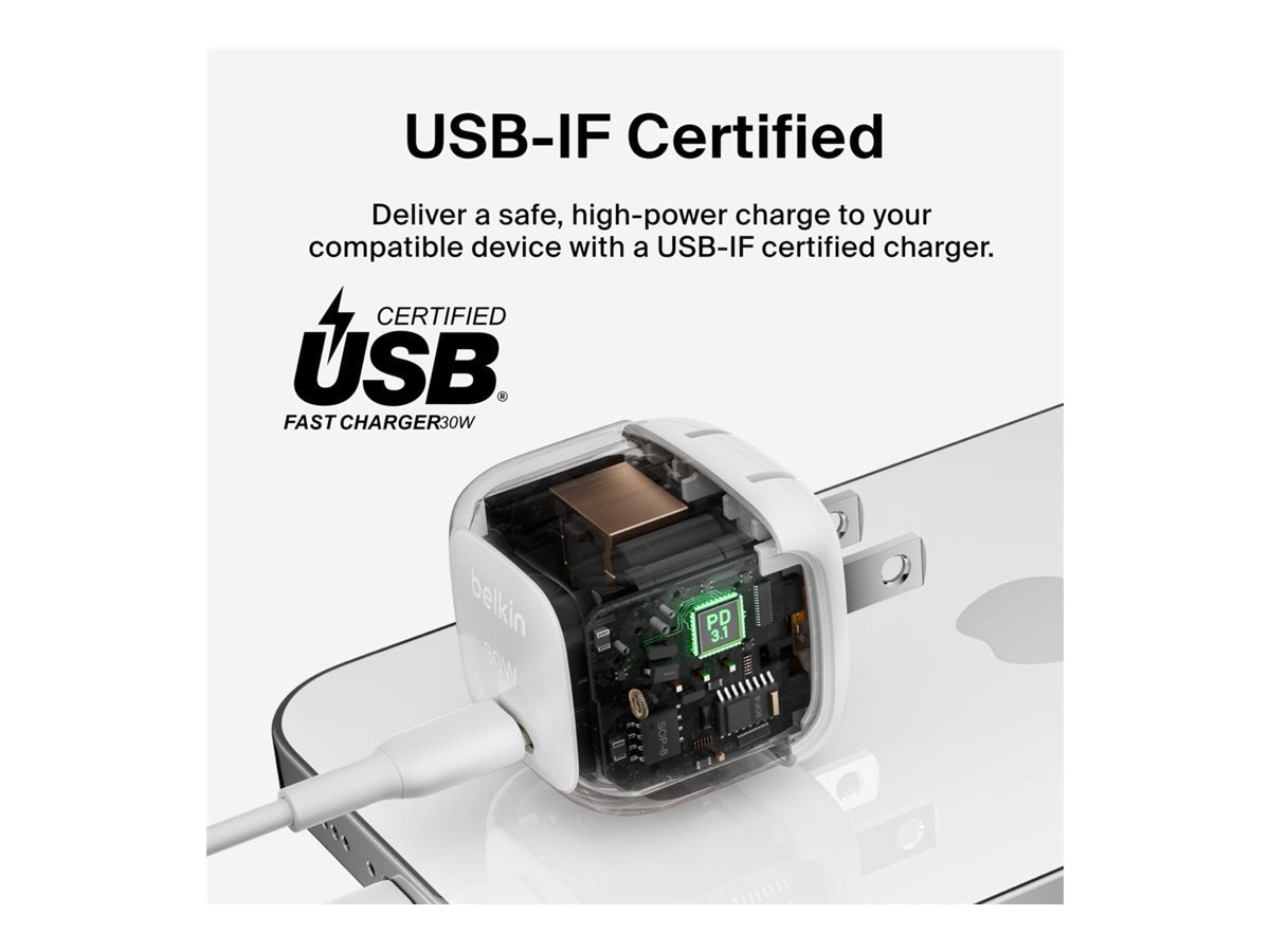 BELKIN 30W Compact USB-C Charger with Detachable Cable for Fast Charging