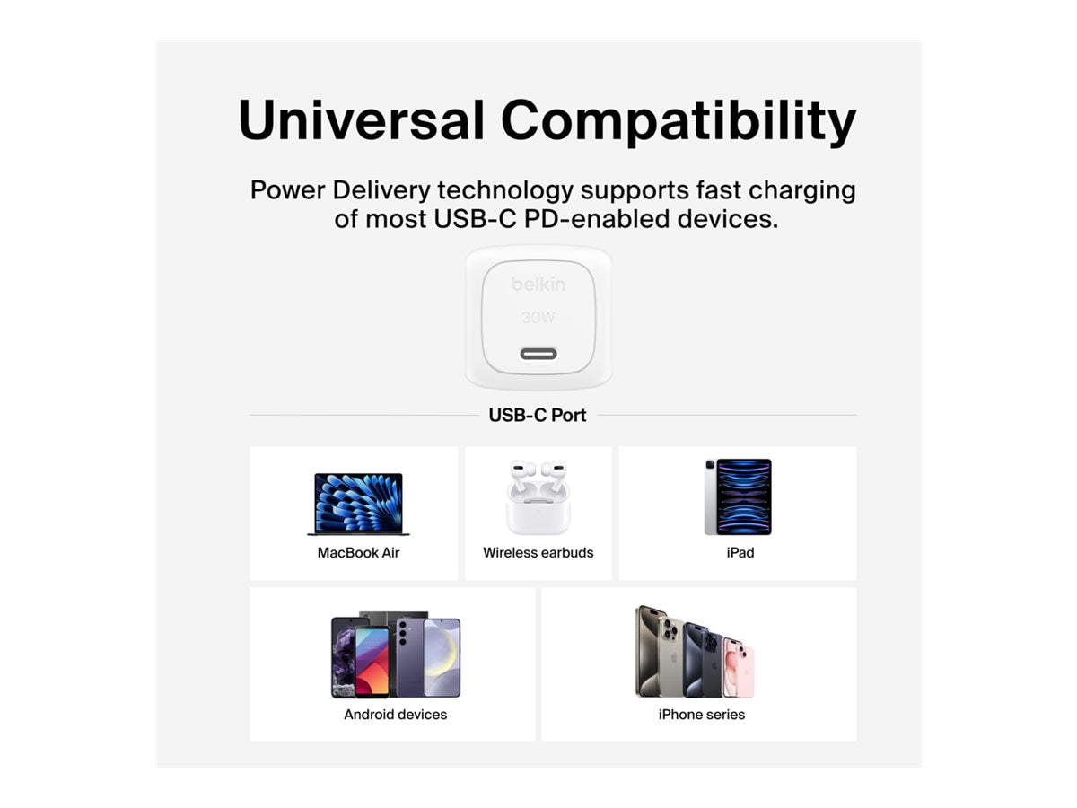 BELKIN 30W Compact USB-C Charger with Detachable Cable for Fast Charging