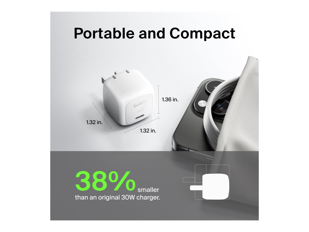 BELKIN 30W Compact USB-C Charger with Detachable Cable for Fast Charging