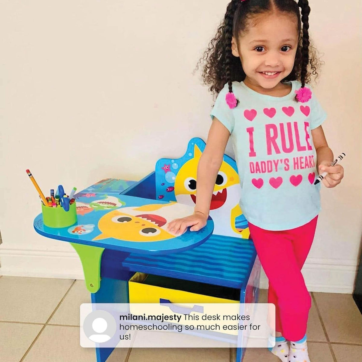 Baby Shark Kids Desk Chair With Storage Bin For Learning