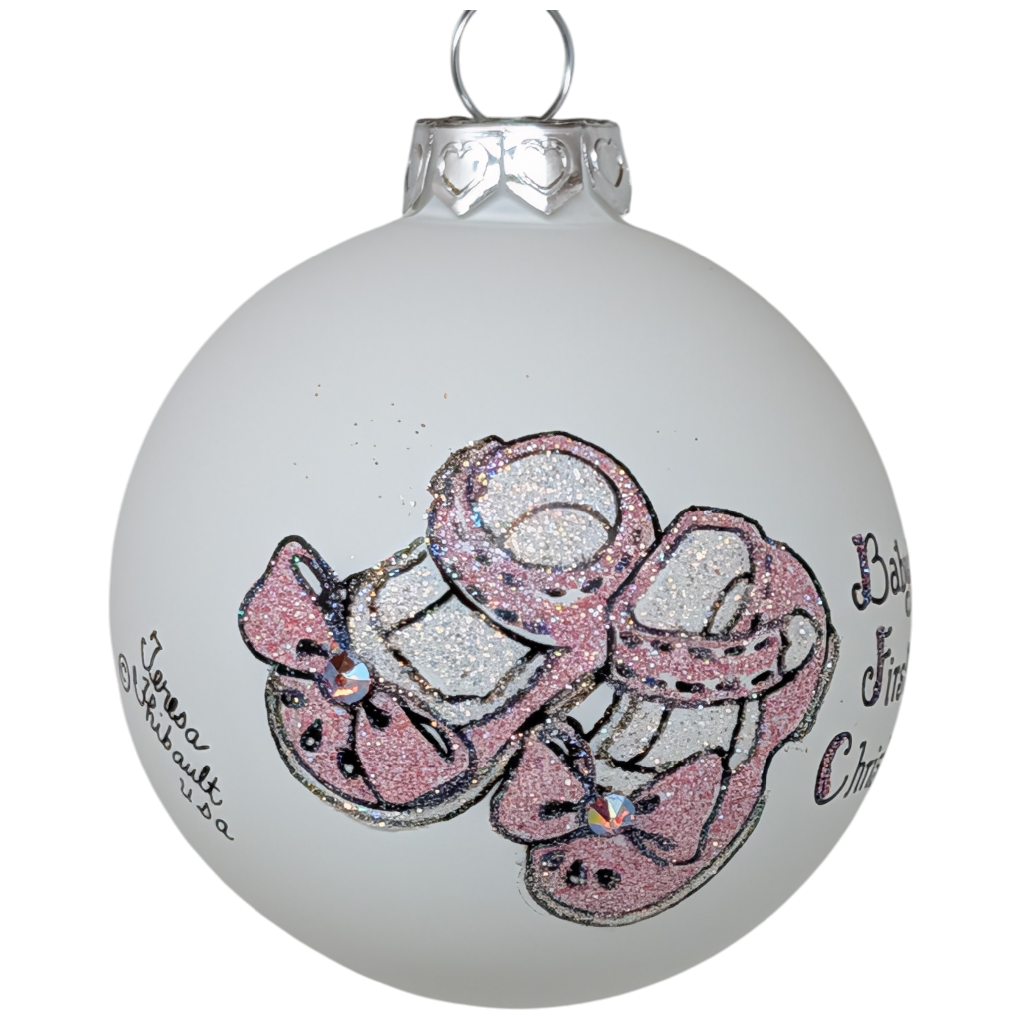 Baby's First Christmas Keepsake Glass Ornament - Pink Booties