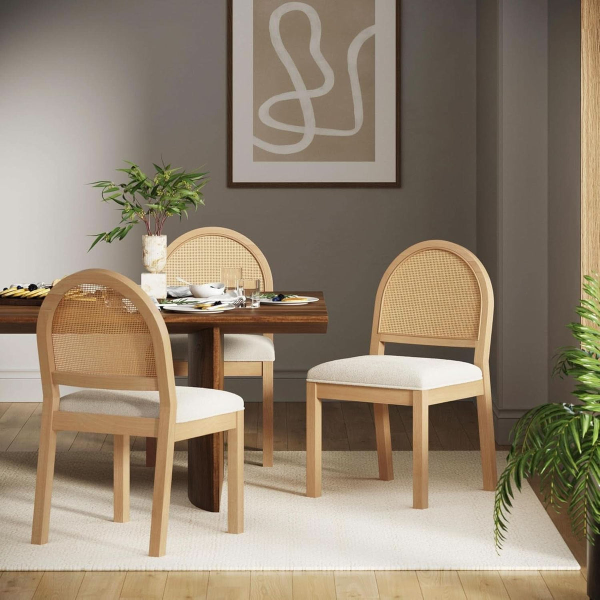 Bailey 19 Inch Boucle Dining Chair With Rattan Back And Wood Legs