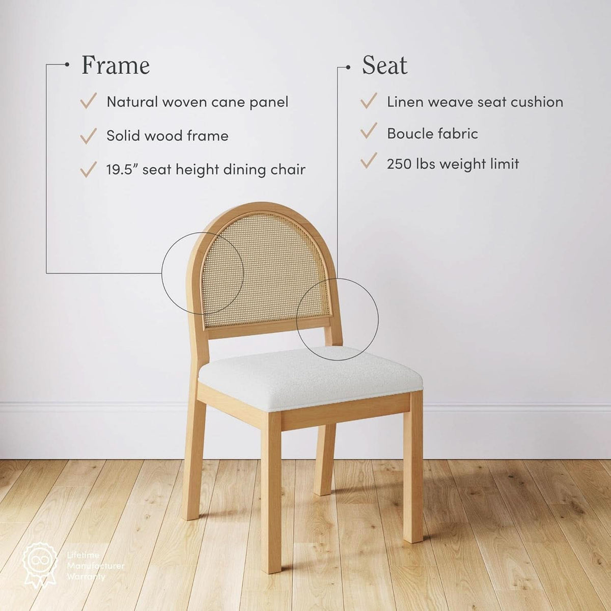 Bailey 19 Inch Boucle Dining Chair With Rattan Back And Wood Legs