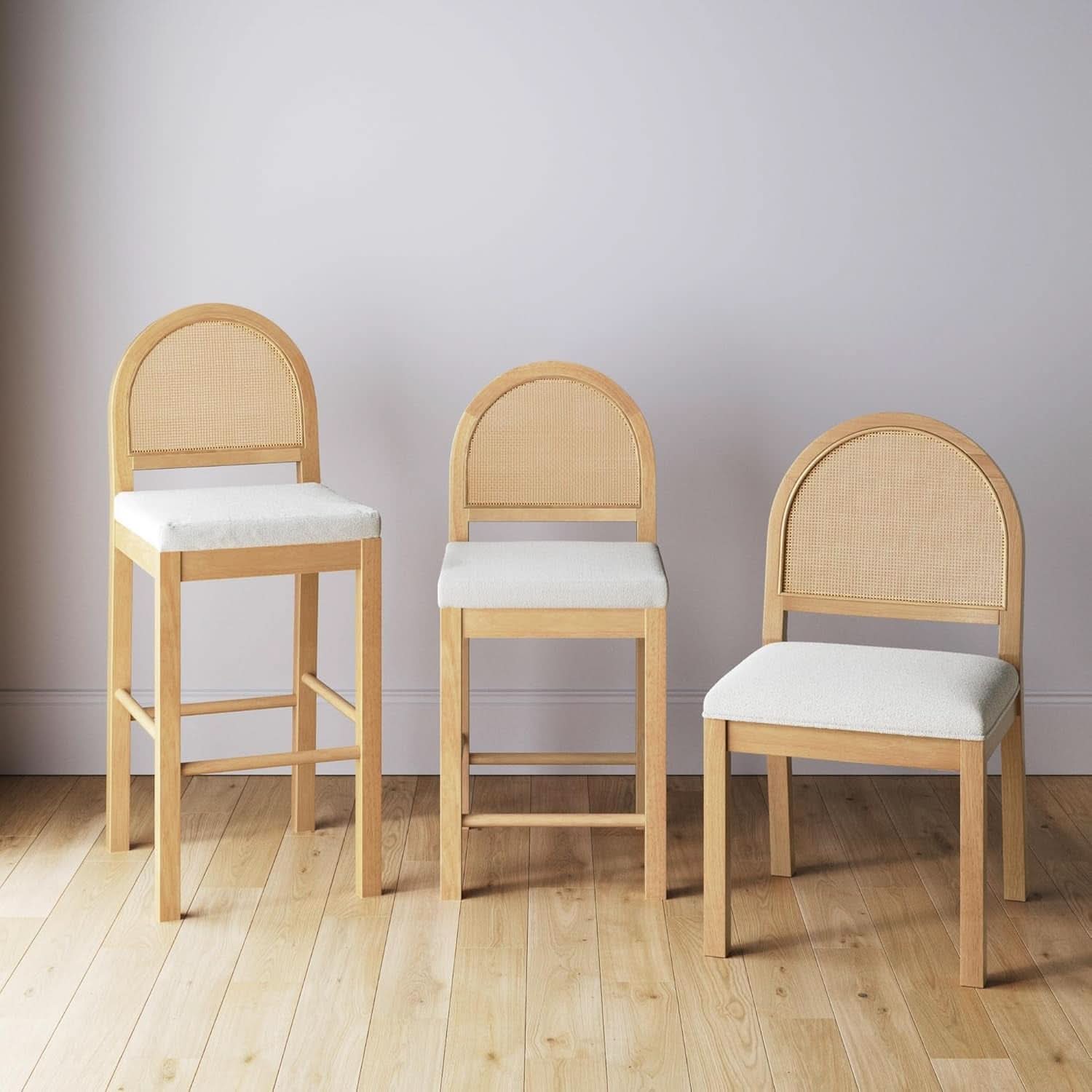 Bailey 19 Inch Boucle Dining Chair With Rattan Back And Wood Legs