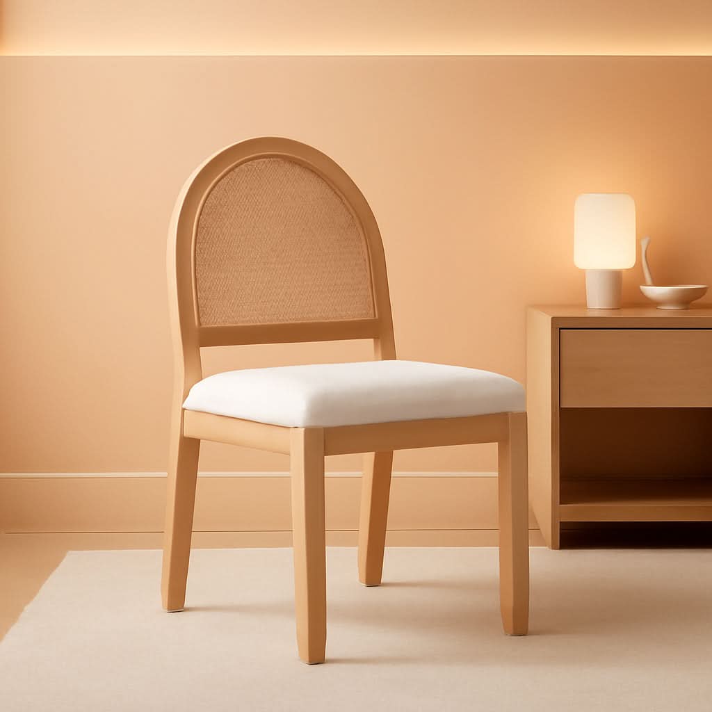 Bailey 19 Inch Boucle Dining Chair With Rattan Back And Wood Legs
