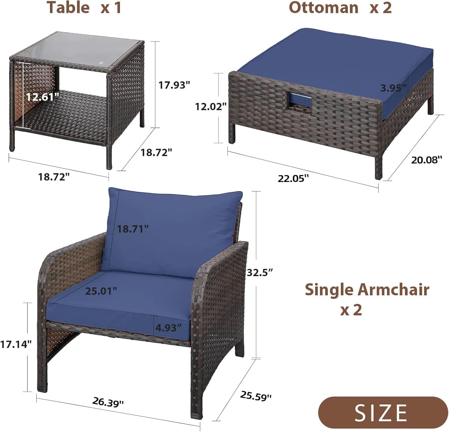 Balcony Outdoor 5 Piece Patio Conversation Set Wicker Brown